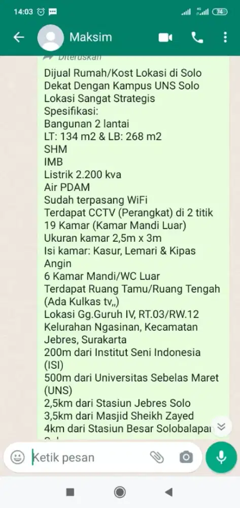 Dijual  Kost 2 lantai