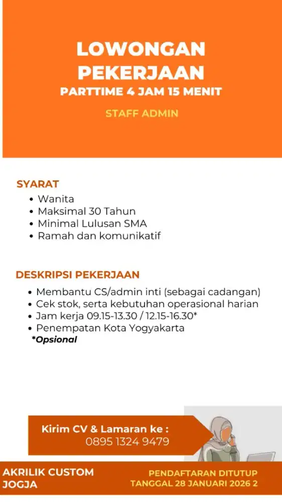 Lowongan Kerja Part Time Staff Admin