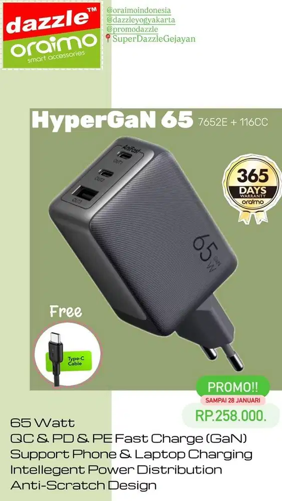 Charger 65 Watt Oraimo OCW-7652E+116CC