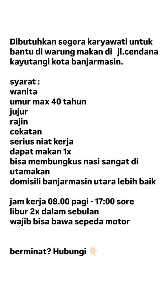 DICARI SECEPAT NYA KARYAWATI BEKERJA DI WARUNG MAKAN