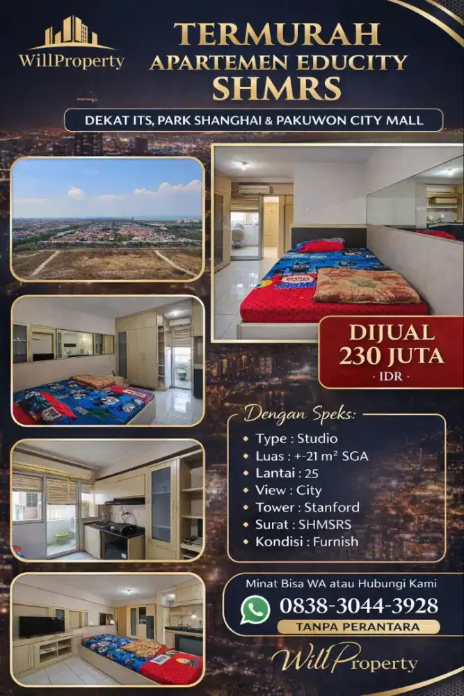 Educity Studio Furnished dkt ITS,Merr,Kenjeran,Puncak,Eastcoast,Unair