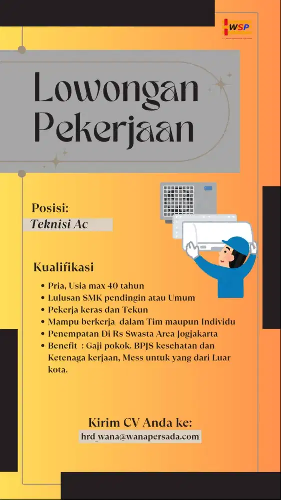 Dibutuhkan Secepatnya Teknisi AC VRV & Split di Rumah Sakit Yogyakarta