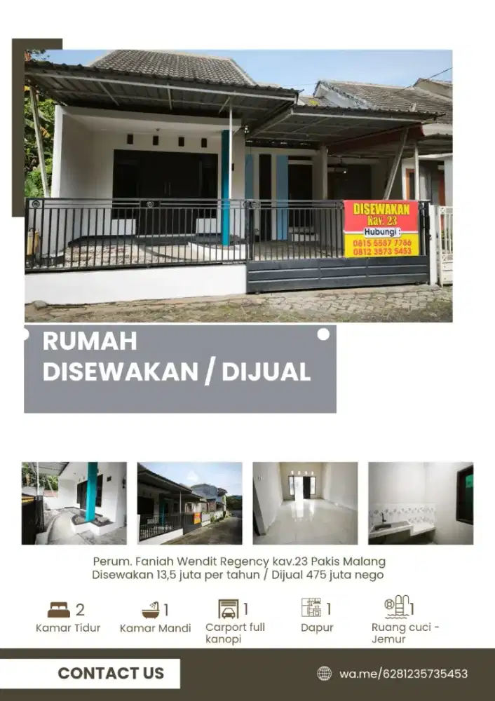 Disewakan / Dijual Rumah Minimalis Aman Nyaman Tenang