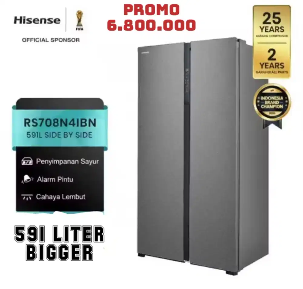 PROMO KULKAS SIDE BY SIDE 591 LITER INVERTER HISENSE GARANSI 25 TAHUN