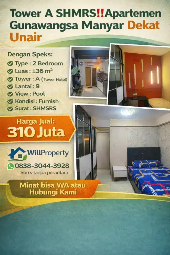 Gunawangsa Manyar 2BR Studio Furnished SHMRS dkt Merr,Unair,ITS,Puncak