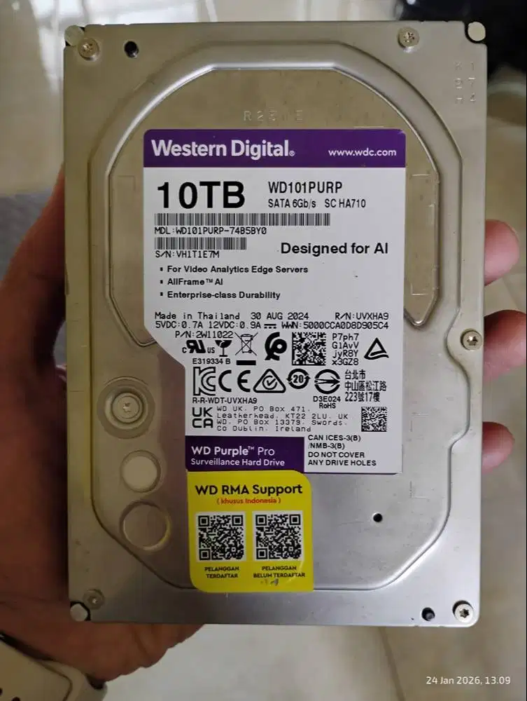 WD Purple 10TB SATA Sentinel 100/100% Garansi ON 2029