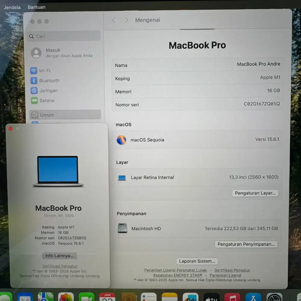 Macbook Pro M1 Layar 13 inch Ram 16 Ssd 256 Silver full set