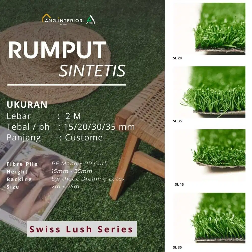 Rumput Sintetis Outdoor Premium Tebal 15–35mm | PE Mono + PP Curl
