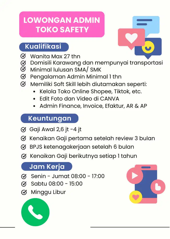 Lowongan Pekerjaan Staff Admin Toko Safety Karawang