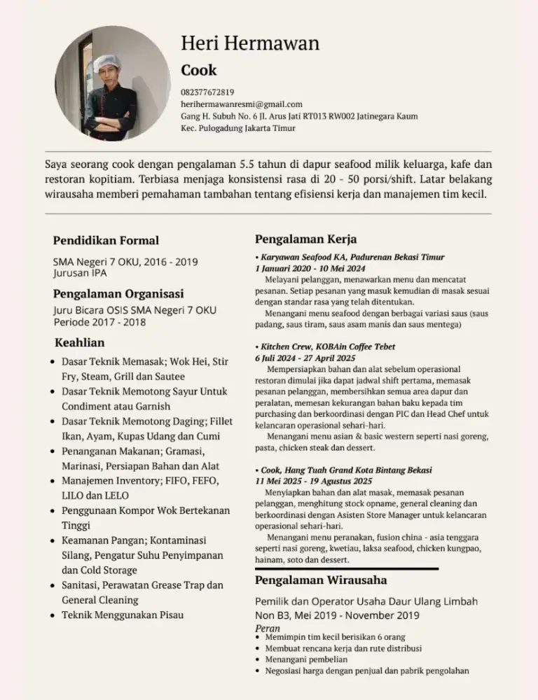 Mencari pekerjaan untuk koki, helper atau kitchen staf