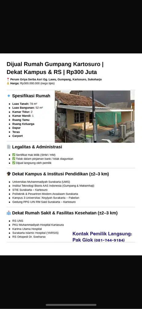 Dijual Rumah Gumpang Kartosuro