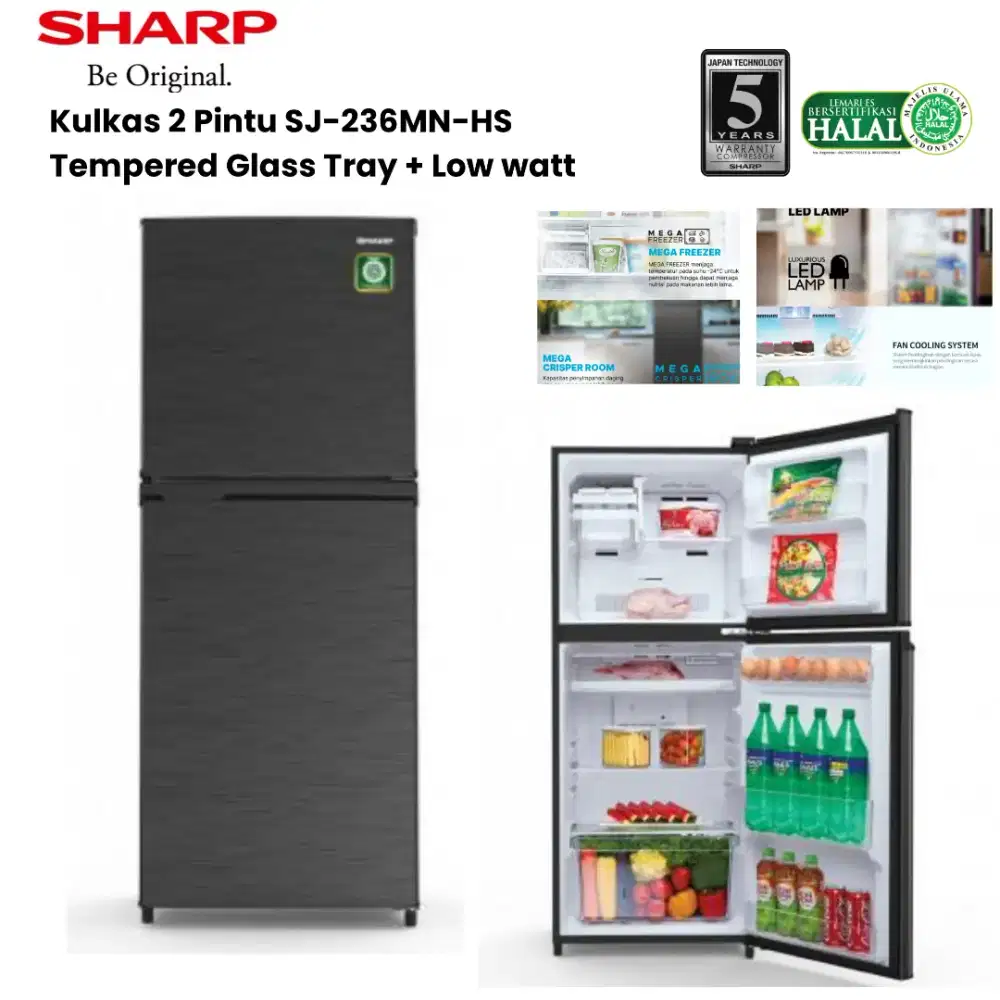 SHARP Kulkas 2 Pintu SJ-236MN-HS Tempered Glass Mega FreezerDeodorizer