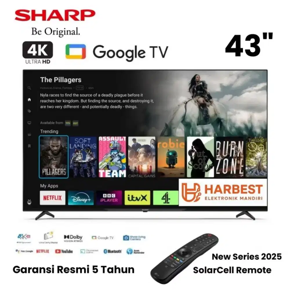SHARP 4K UHD 43  Google TV 43HJ6000i Frameless GOOGLE TV Solar Remote