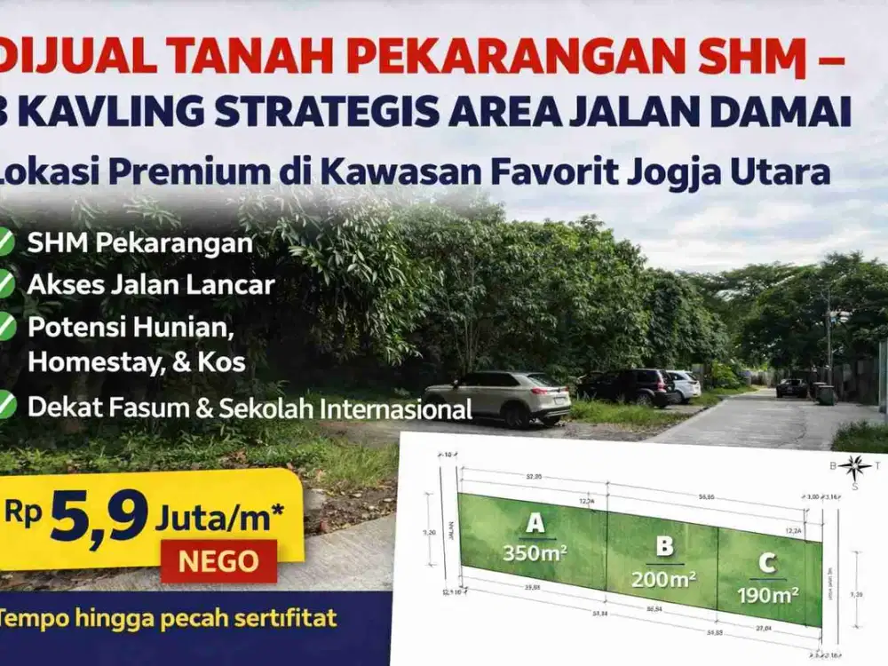 DIJUAL TANAH PEKARANGAN SHM – 3 KAVLING STRATEGIS AREA JALAN DAMAI