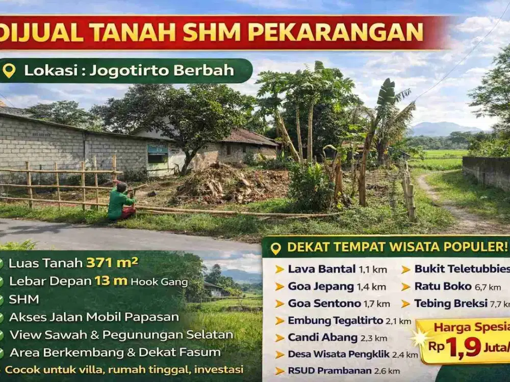 DIJUAL TANAH SHM PEKARANGAN 371 m² – HOOK JOGOTIRTO BERBAH | VIEW SAWAH & PEGUNUNGAN