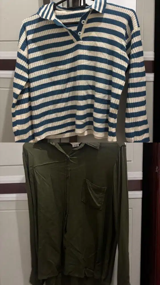 Sweater strip biru dan kemeja army