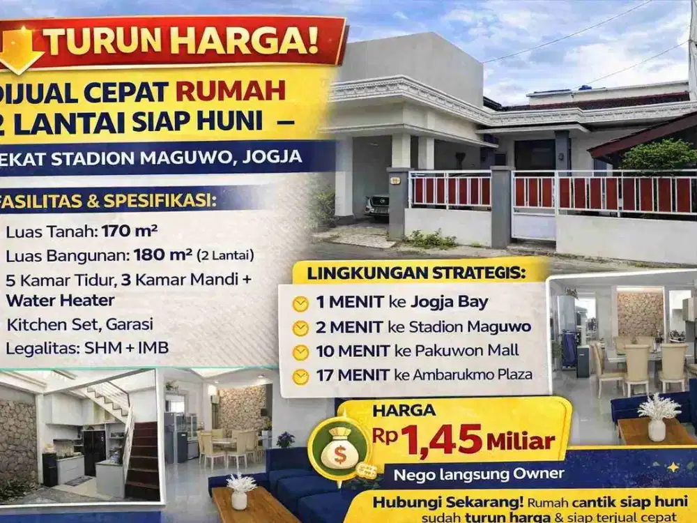 TURUN HARGA! DIJUAL CEPAT RUMAH 2 LANTAI SIAP HUNI – DEKAT STADION MAGUWO, JOGJA