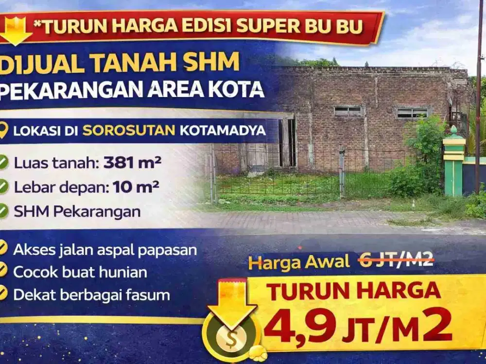 TURUN HARGA! DIJUAL TANAH SHM PEKARANGAN 381 m² – AREA KOTA SOROSUTAN, YOGYAKARTA