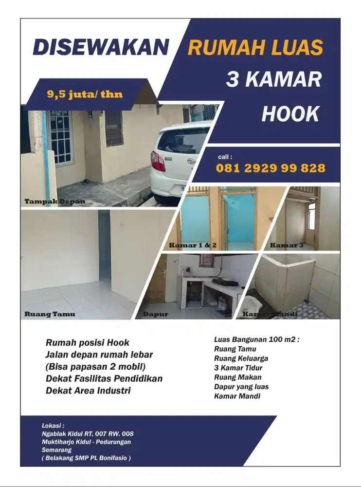Disewakan Rumah Hook Luas 100 m² – 3 Kamar – 9,5 Juta/Tahun
