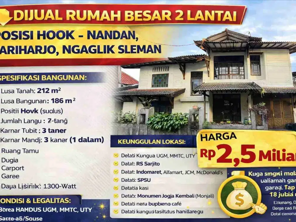 DIJUAL RUMAH BESAR 2 LANTAI POSISI HOOK – NANDAN, SARIHARJO, NGAGLIK SLEMAN