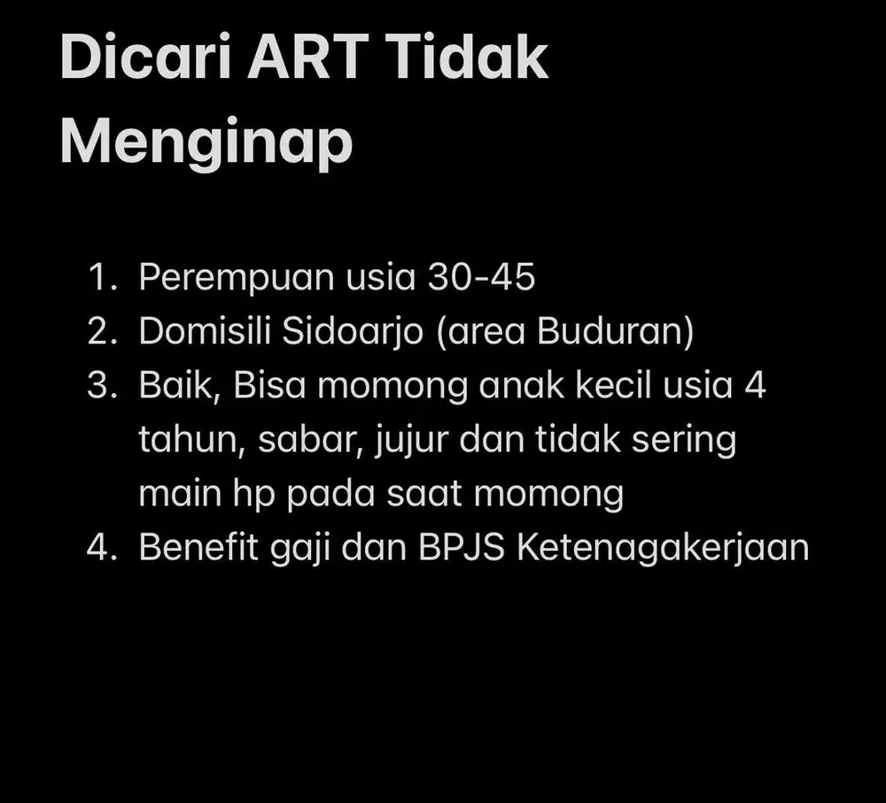 Dicari ART Tidak Menginap