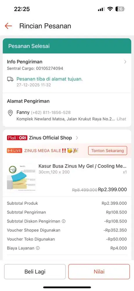 Kasur Zinus size 120 baru unboxing