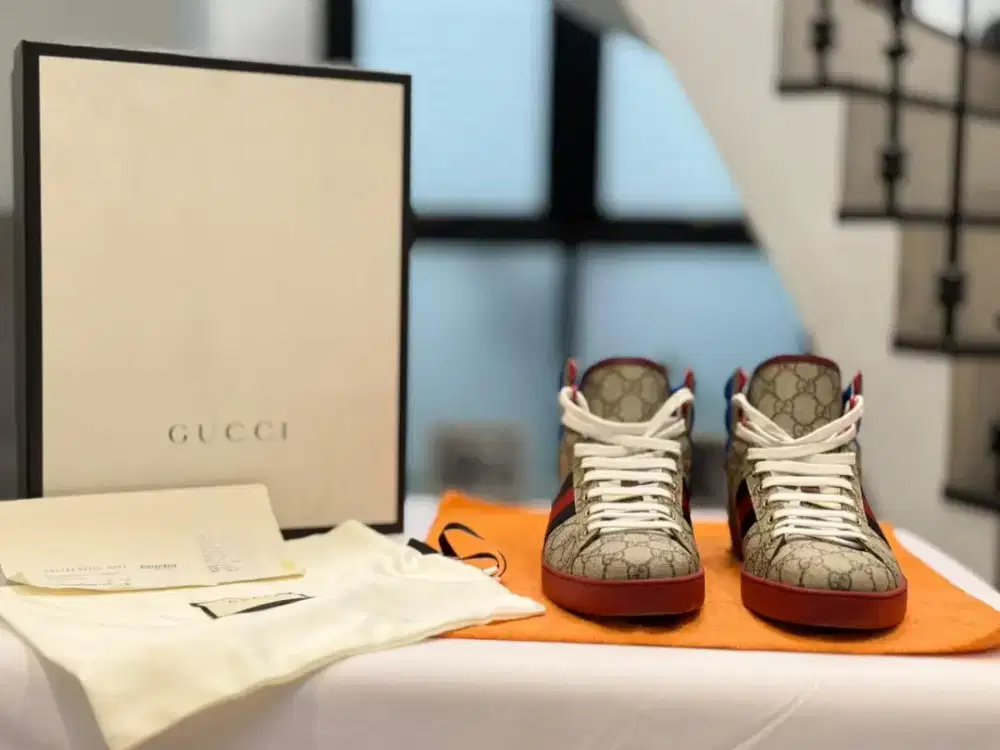 Sepatu Gucci ace GG high top blue beige 555144