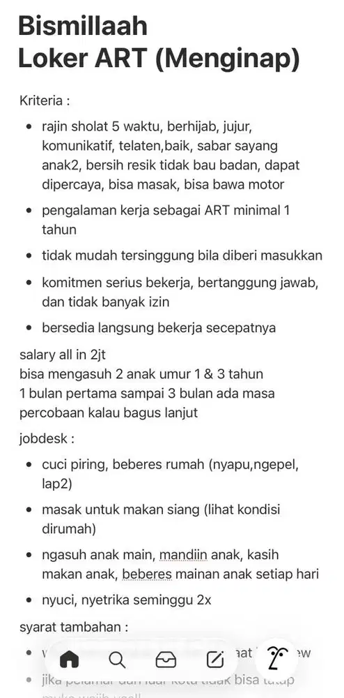 Loker ART Menginap