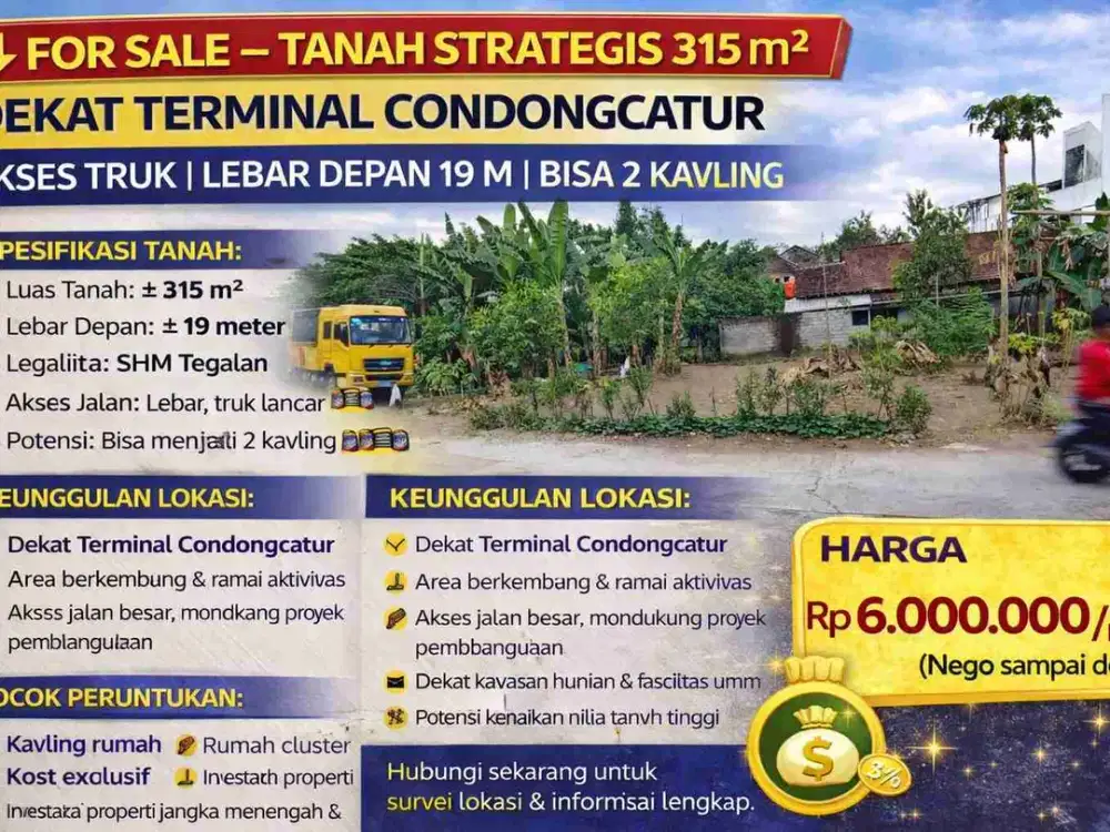 FOR SALE – TANAH STRATEGIS 315 m² DEKAT TERMINAL CONDONGCATUR
AKSES TRUK | LEBAR DEPAN 19 M | BISA 2 KAVLING**