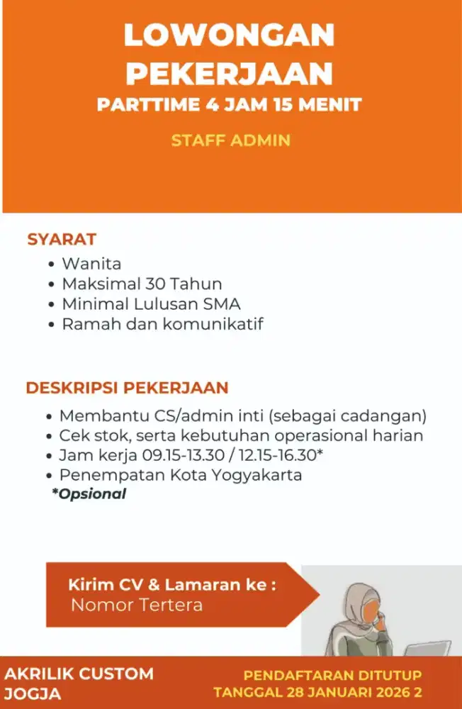 Lowongan kerja Part Time Staff admin