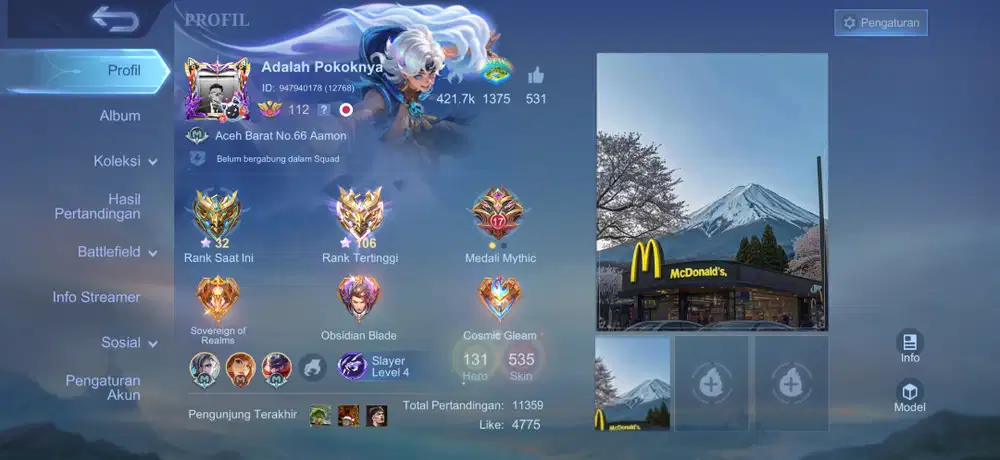 JUAL AKUN MOBILE LEGEND SKIN 535 SPEK SULTAN