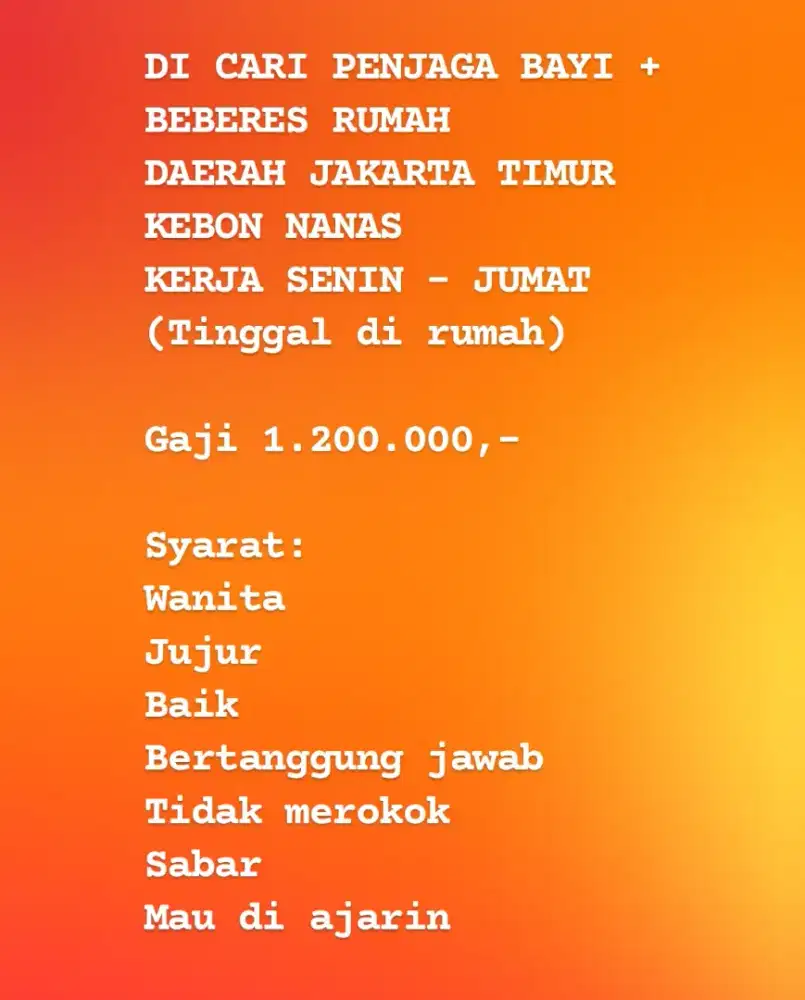 DICARI PENJAGA BAYI DAN BEBERES RUMAH