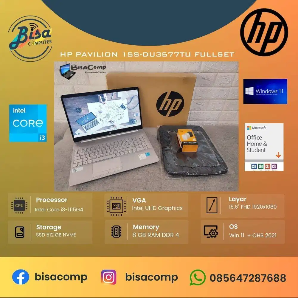 HP pavilion 15s-DU3577TU Core i3 11th Gen SSD 512gb Ram 8gb 14inchFHD
