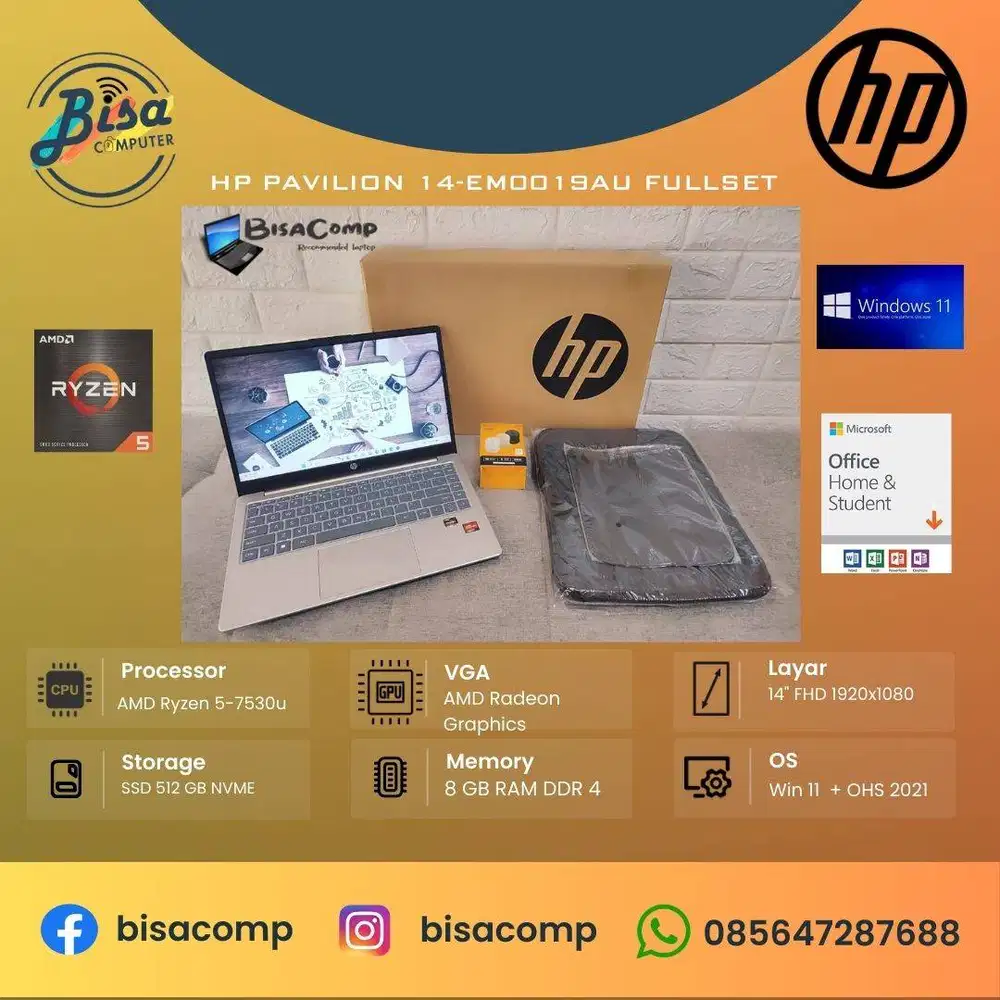 HP pavilion 14-EM0019AU AMD Ryzen 5-7530u SSD 512gb Ram 8gb 14inchFHD
