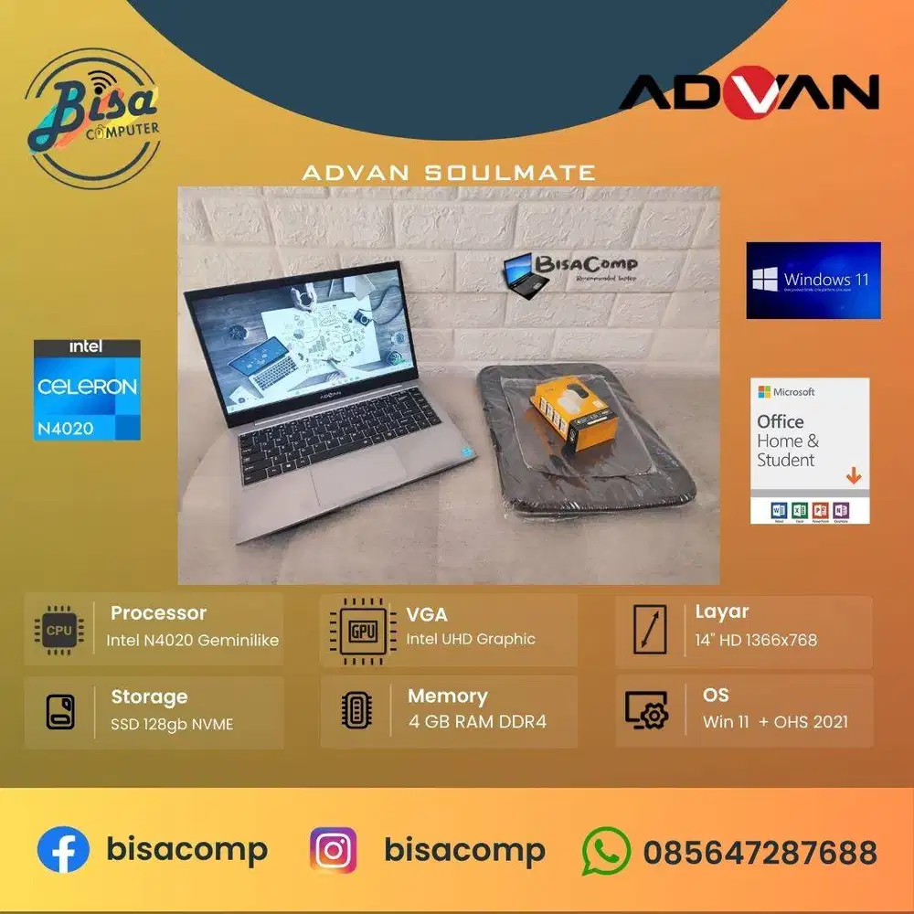 Advan Soulmate Intel N4020 SSD 128gb Ram 4gb 14inchHD