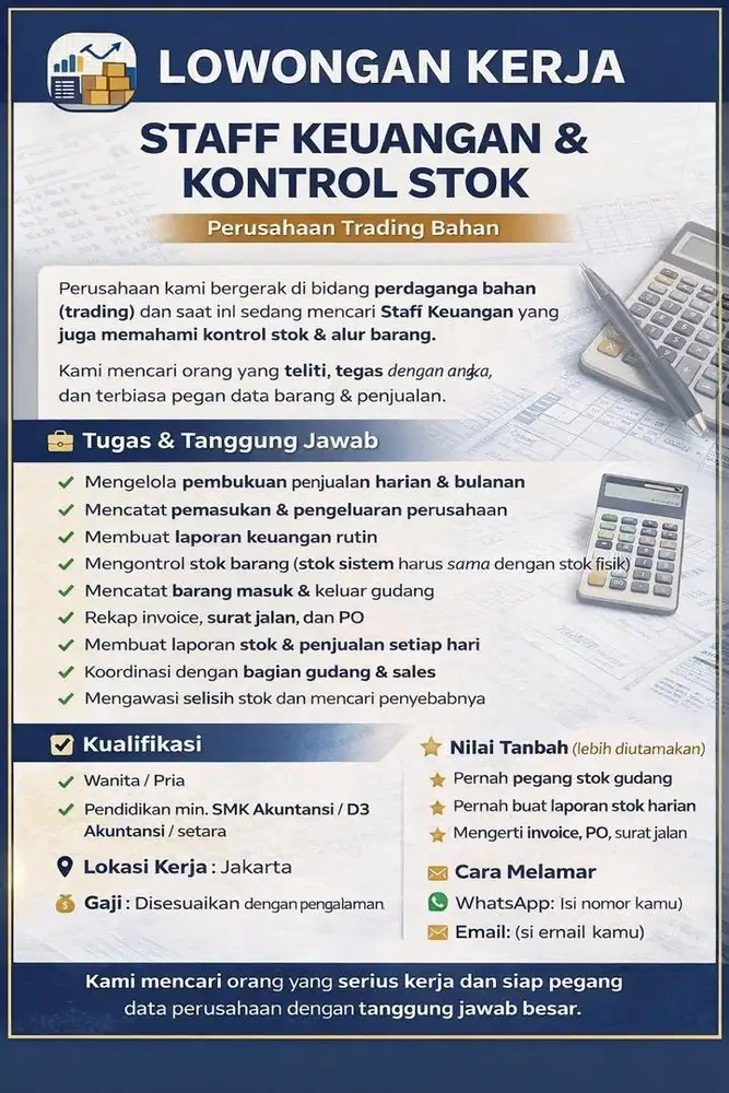 LOWONGAN KERJA — STAFF KEUANGAN & KONTROL STOK