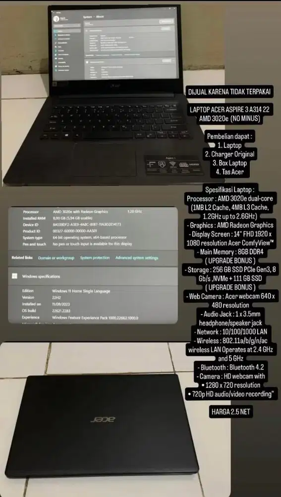 LAPTOP SEKOLAH KULIAH ACER ASPIRE 3 A314 22 AMD 3020e