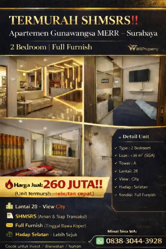 Gunawangsa Merr 2BR Furnished dekat Baruk,Bale Hinggil,Ubaya,Rungkut