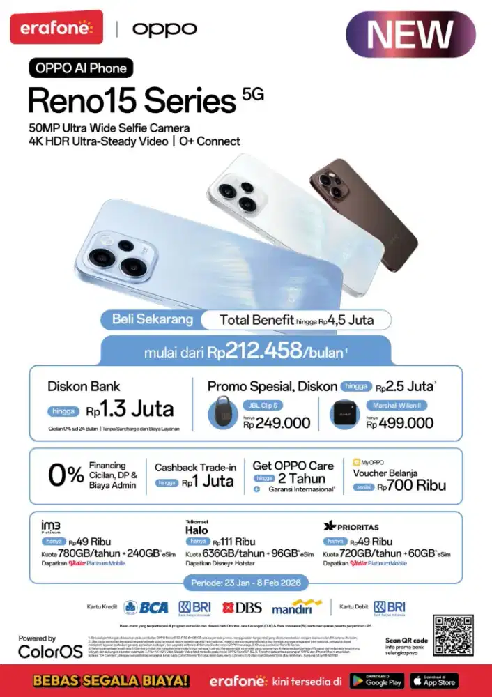 Cicilan Oppo reno 15 series cicilan mulai dari 550.000