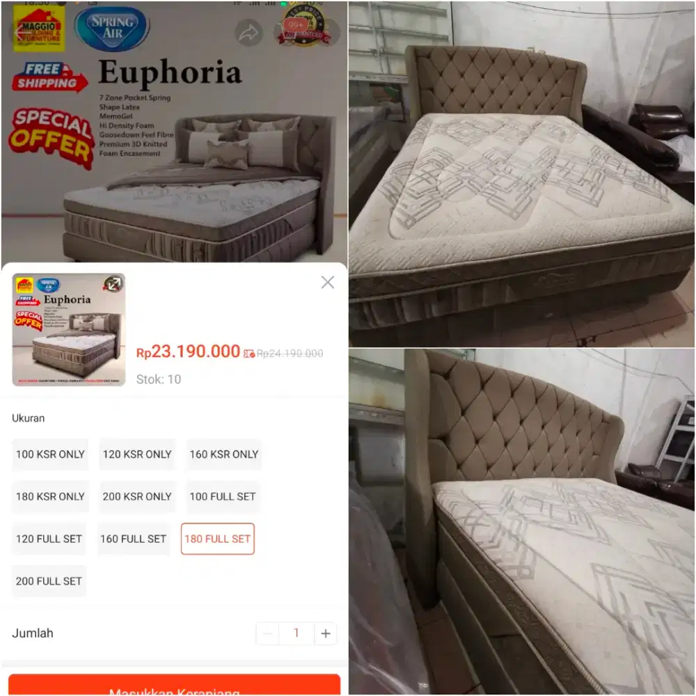 Full set. Dipan dan Kasur Spring Air Euphoria uk 180x200cm