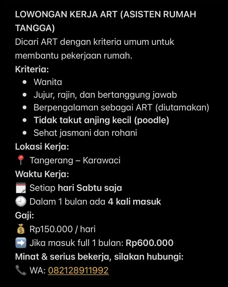 Dicari ART dengan kriteria umum untuk membantu pekerjaan rumah