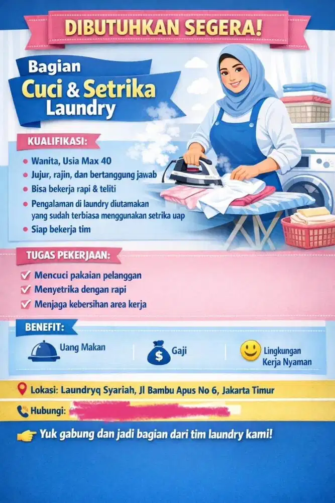 Lowongan pekerjaan untuk setrika uap dan mencuci di laundry