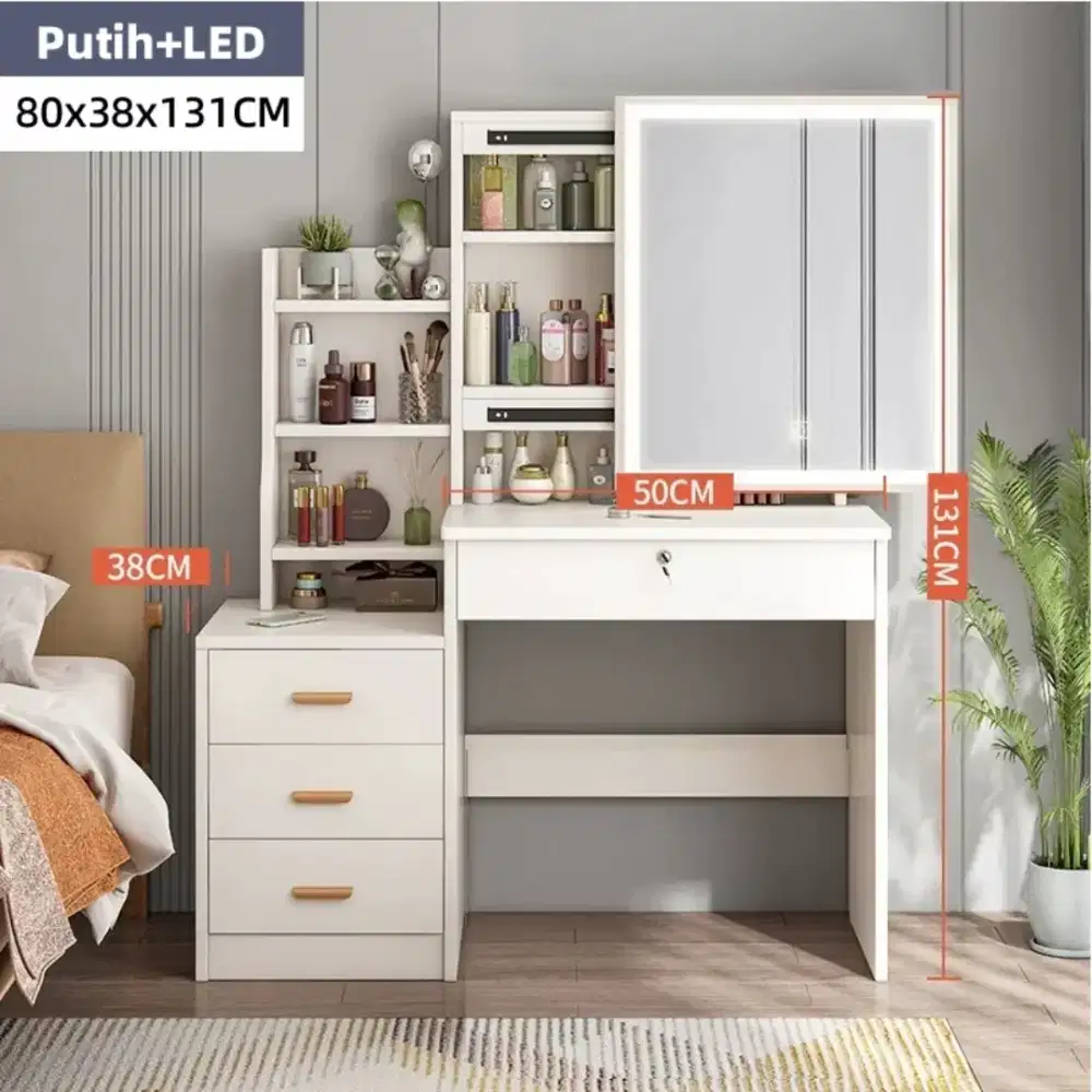 Meja Rias Aesthetic Lampu LED Kaca Sliding Damaindah