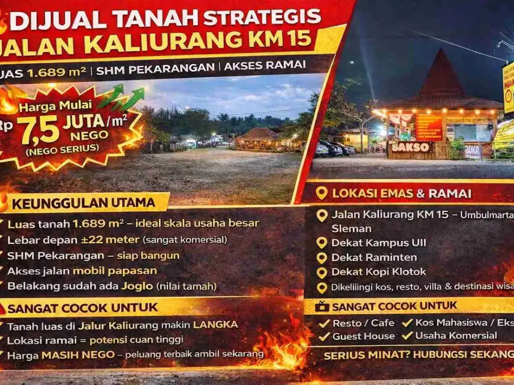 DIJUAL TANAH STRATEGIS JALAN KALIURANG KM 15
LUAS 1.689 m² | SHM PEKARANGAN | AKSES RAMAI