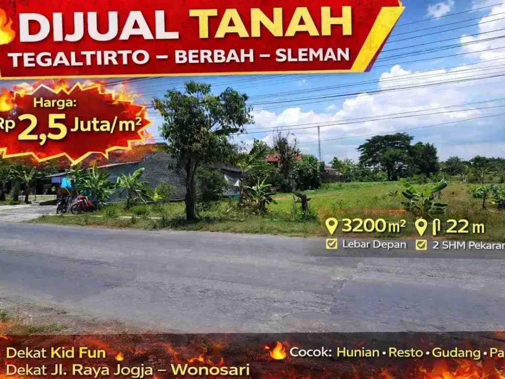 Jual Tanah Jalan Raya Berbah Sampakan 3.200 m² SHM Pekarangan – Sleman