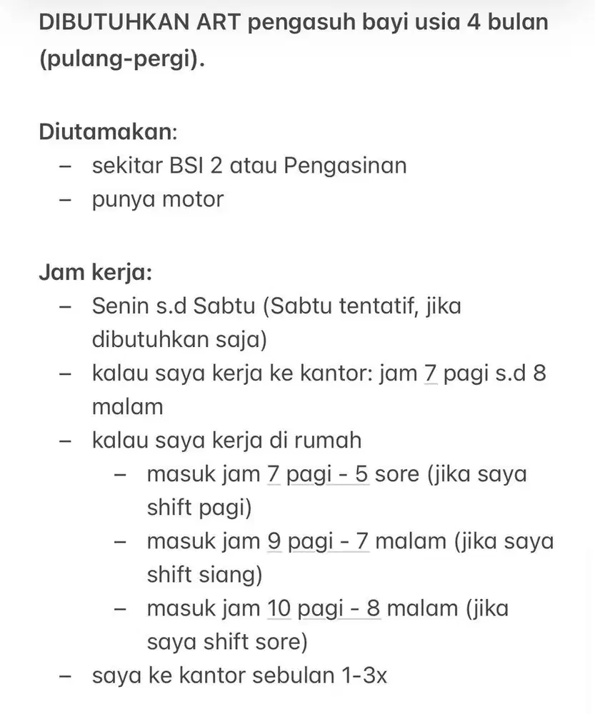 DIBUTUHKAN ART pengasuh bayi usia 4 bulan (pulang-pergi).