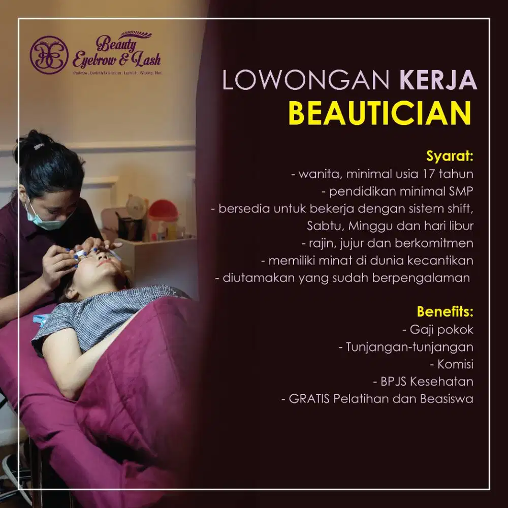 DIBUTUHKAN TERAPIS/ BEAUTICIAN UNTUK SALON KECANTIKAN BULU MATA
