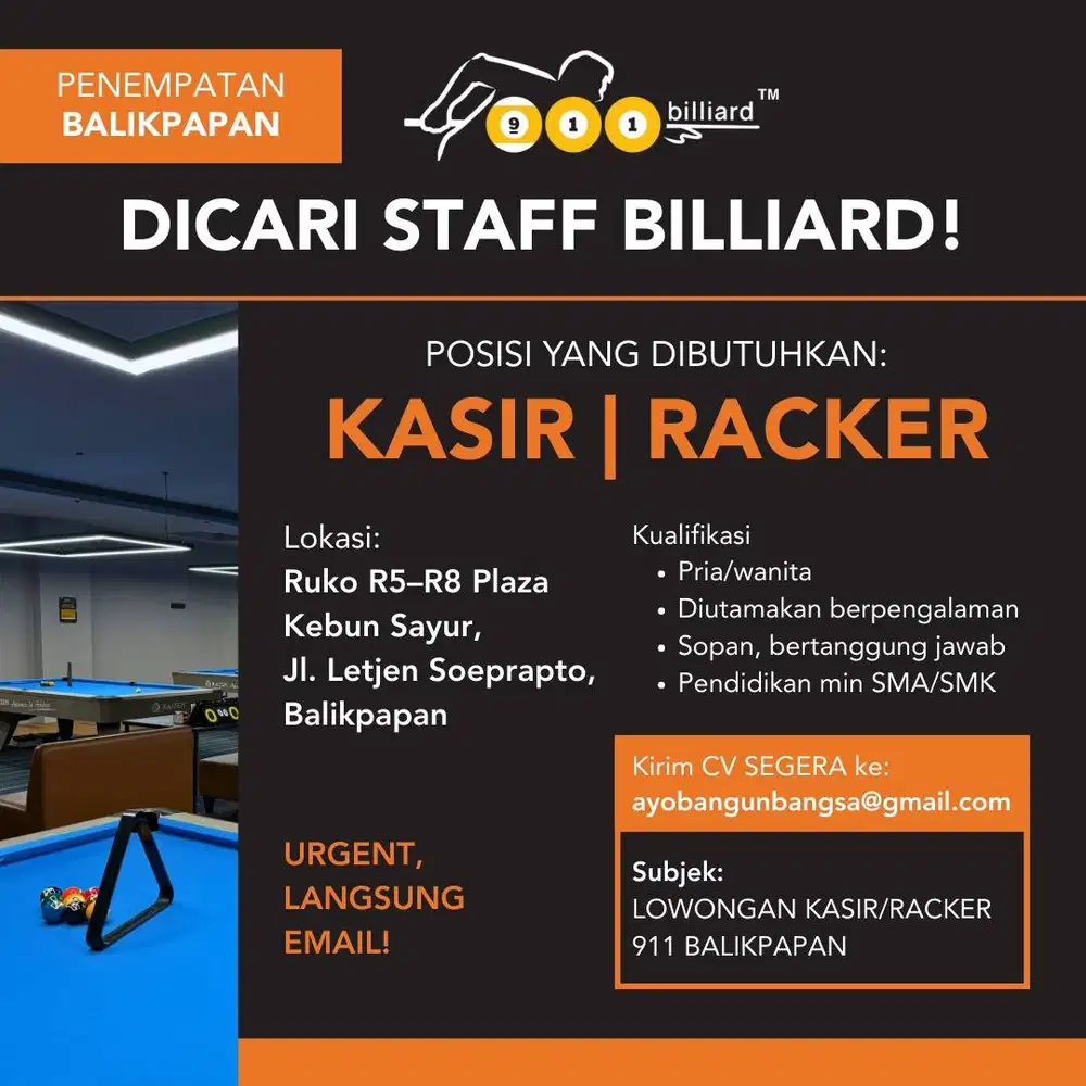 LOKER 911 BILLIARD BALIKPAPAN (KASIR/RACKER)