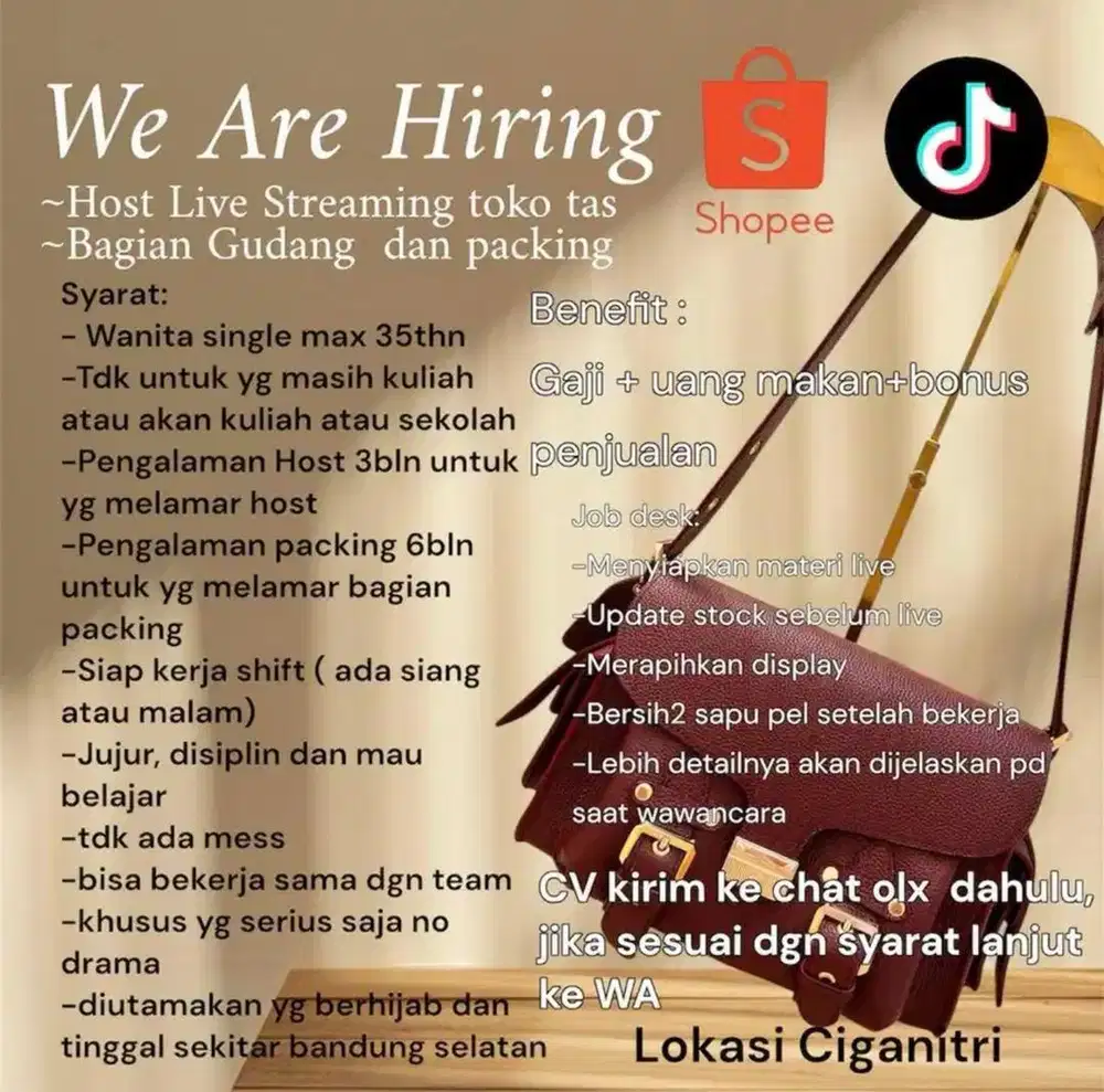 Lowongan Host live tas yg bisa admin daerah bojong soang