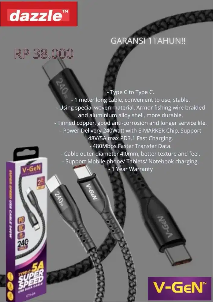 V-Gen kabel data type c to type c CT1-24